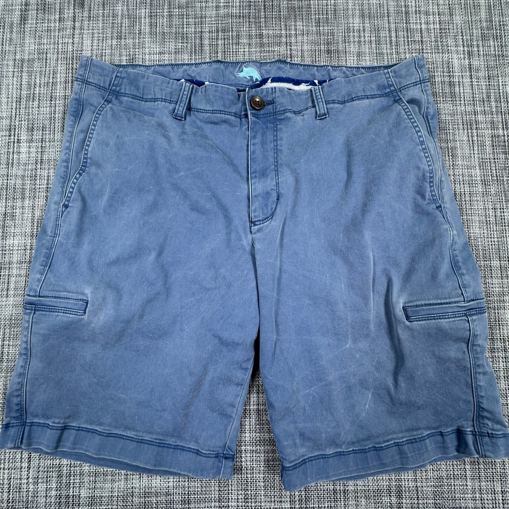 Tommy Bahama Mens Boracay Cargo Shorts 36 Blue Cotton Tencel Stretch Flat Front